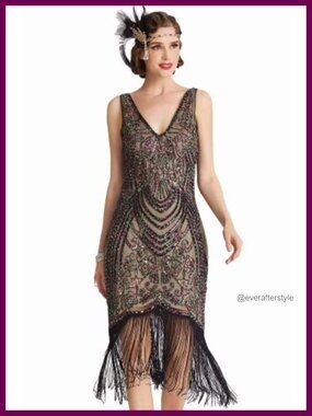 Flapper Dress 1920s Beaded Fringed Great Gatsby V Neck Sleeveless